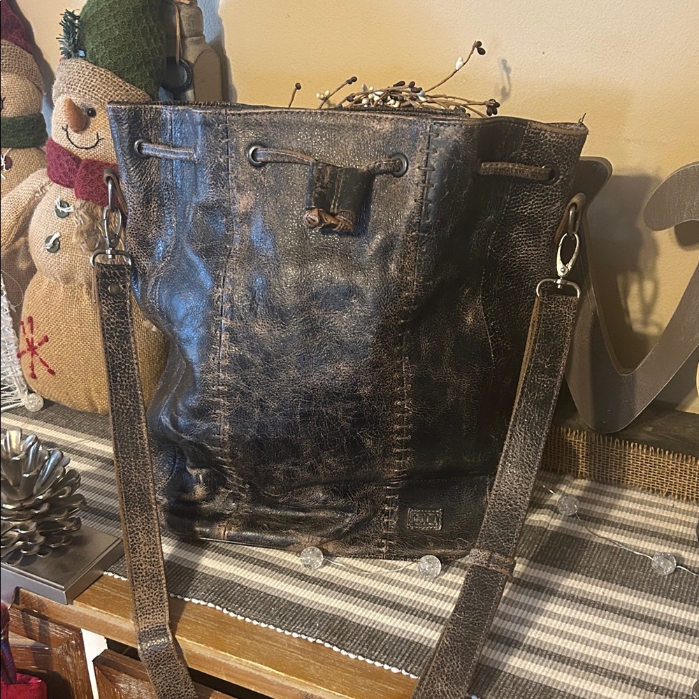 Distressed Black Leather Tote Bag with Adjustable Strap